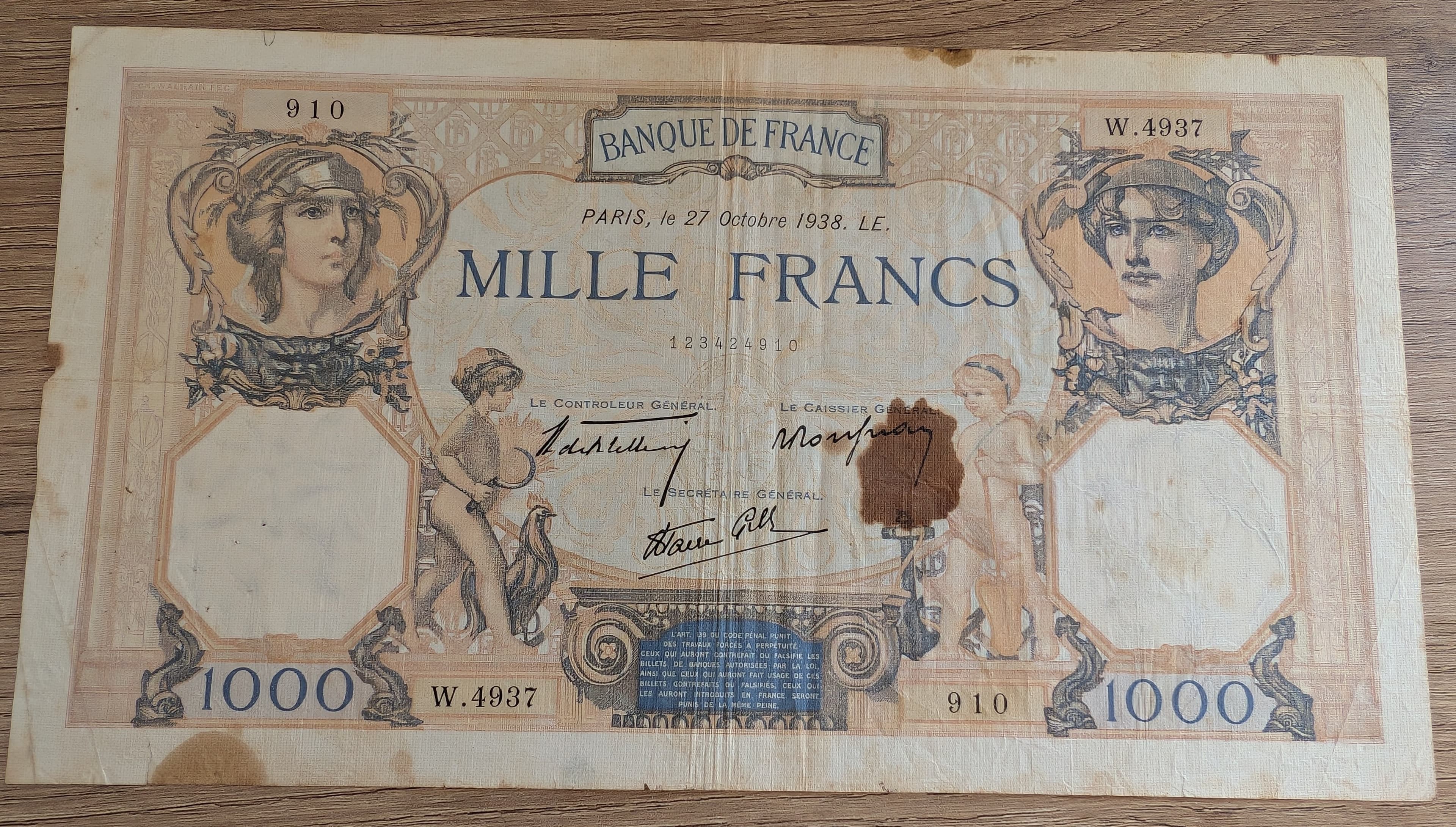 France 1000 Francs 1938 – Cérès et Mercure