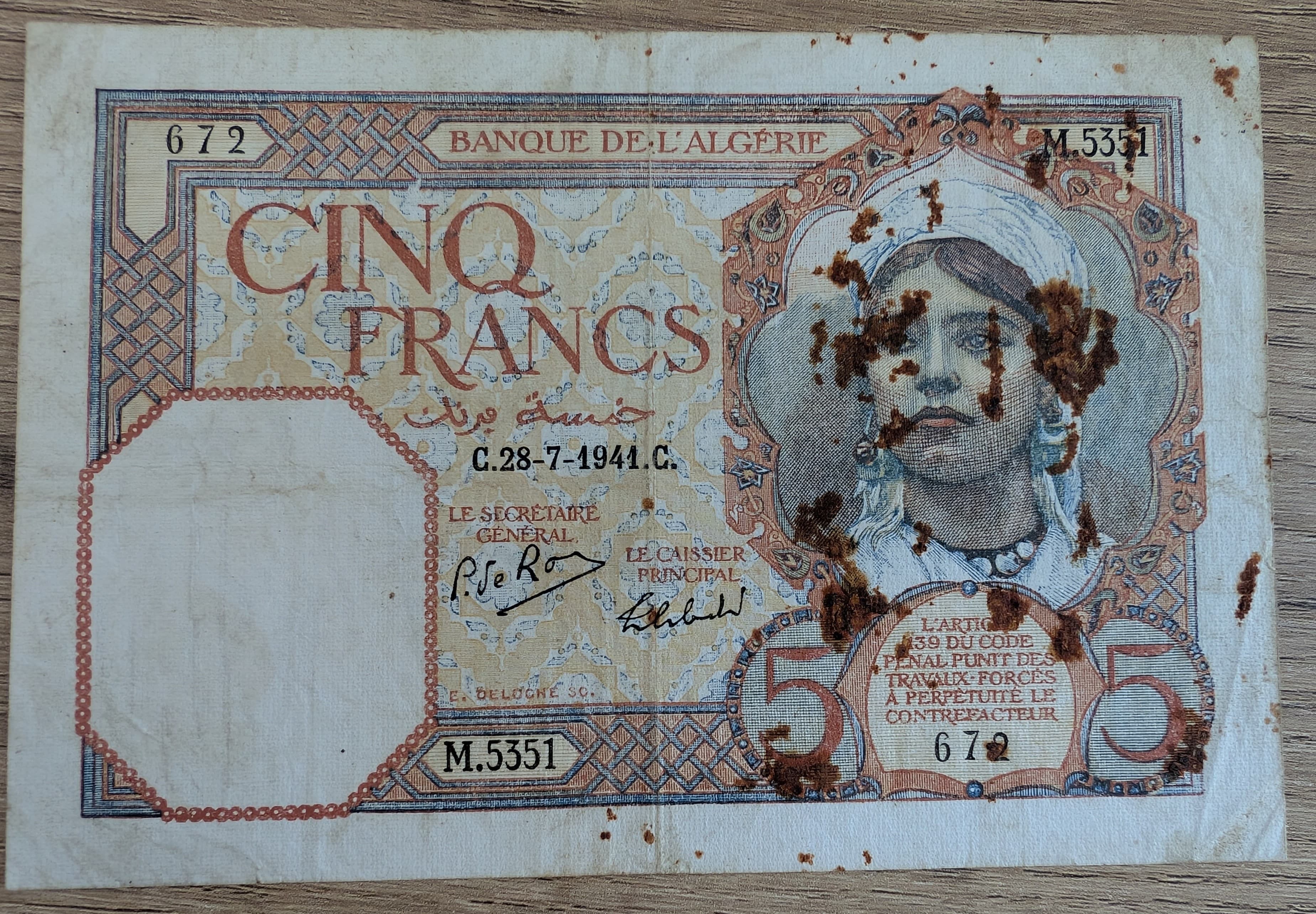 Algérie 5 Francs 1941 – Banque de l’Algérie